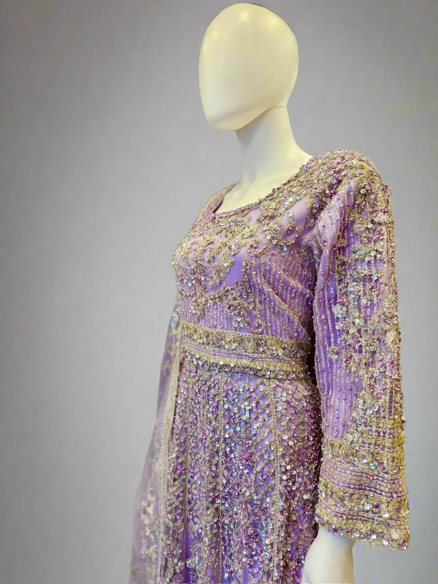 HSY Lavender Purple Pearl & Stone Hand‑Embellished Maxi Dress