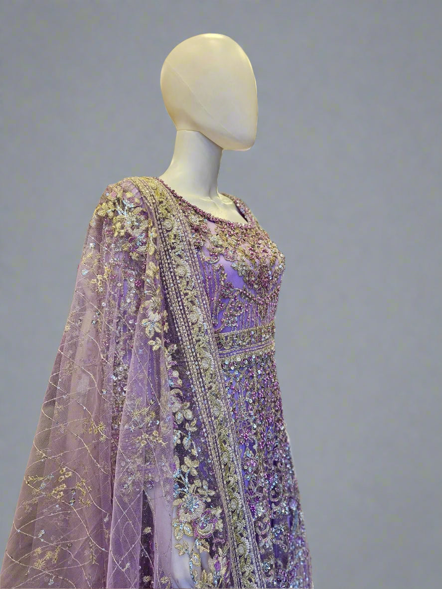 HSY Lavender Purple Pearl & Stone Hand‑Embellished Maxi Dress