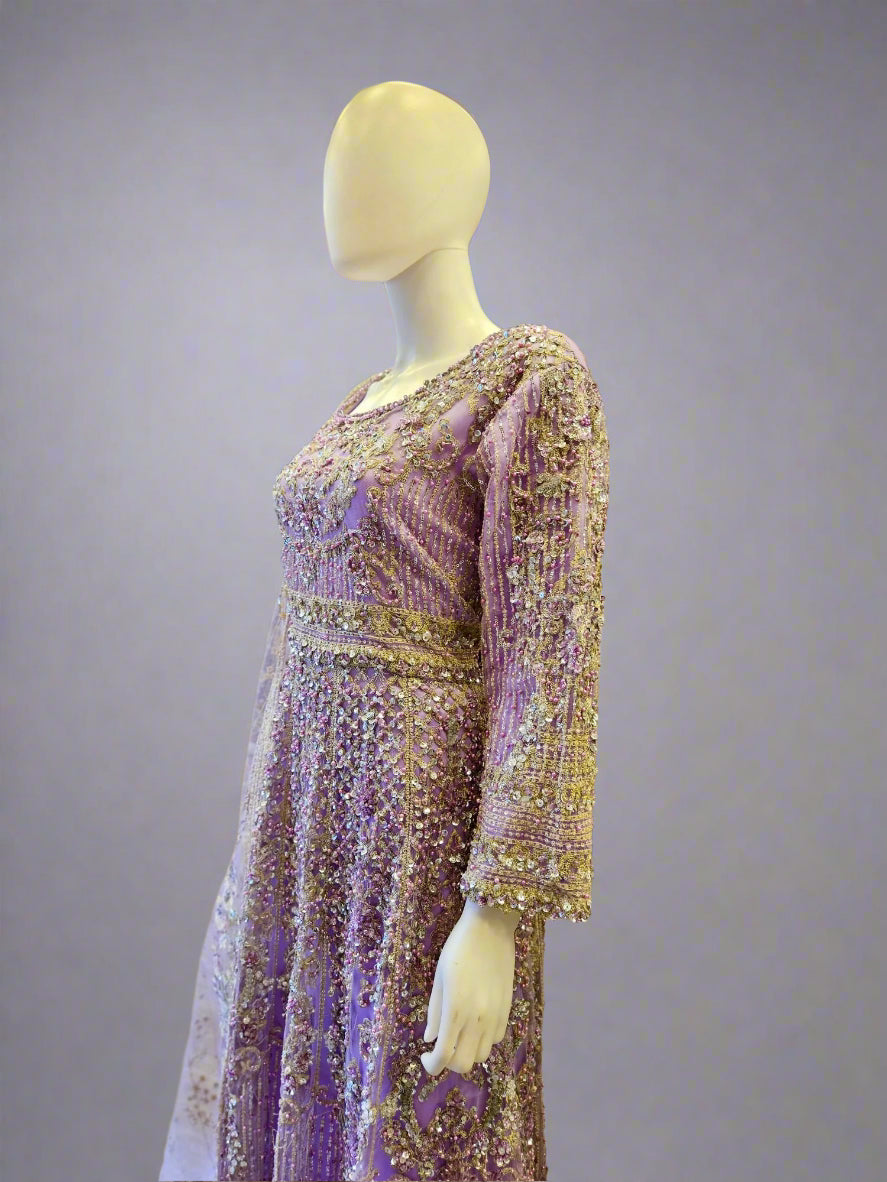 HSY Lavender Purple Pearl & Stone Hand‑Embellished Maxi Dress