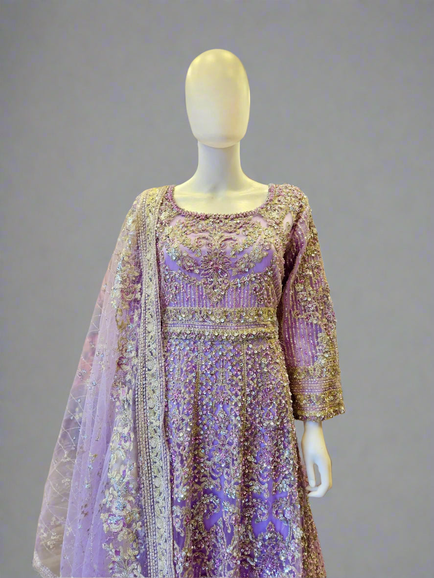 HSY Lavender Purple Pearl & Stone Hand‑Embellished Maxi Dress