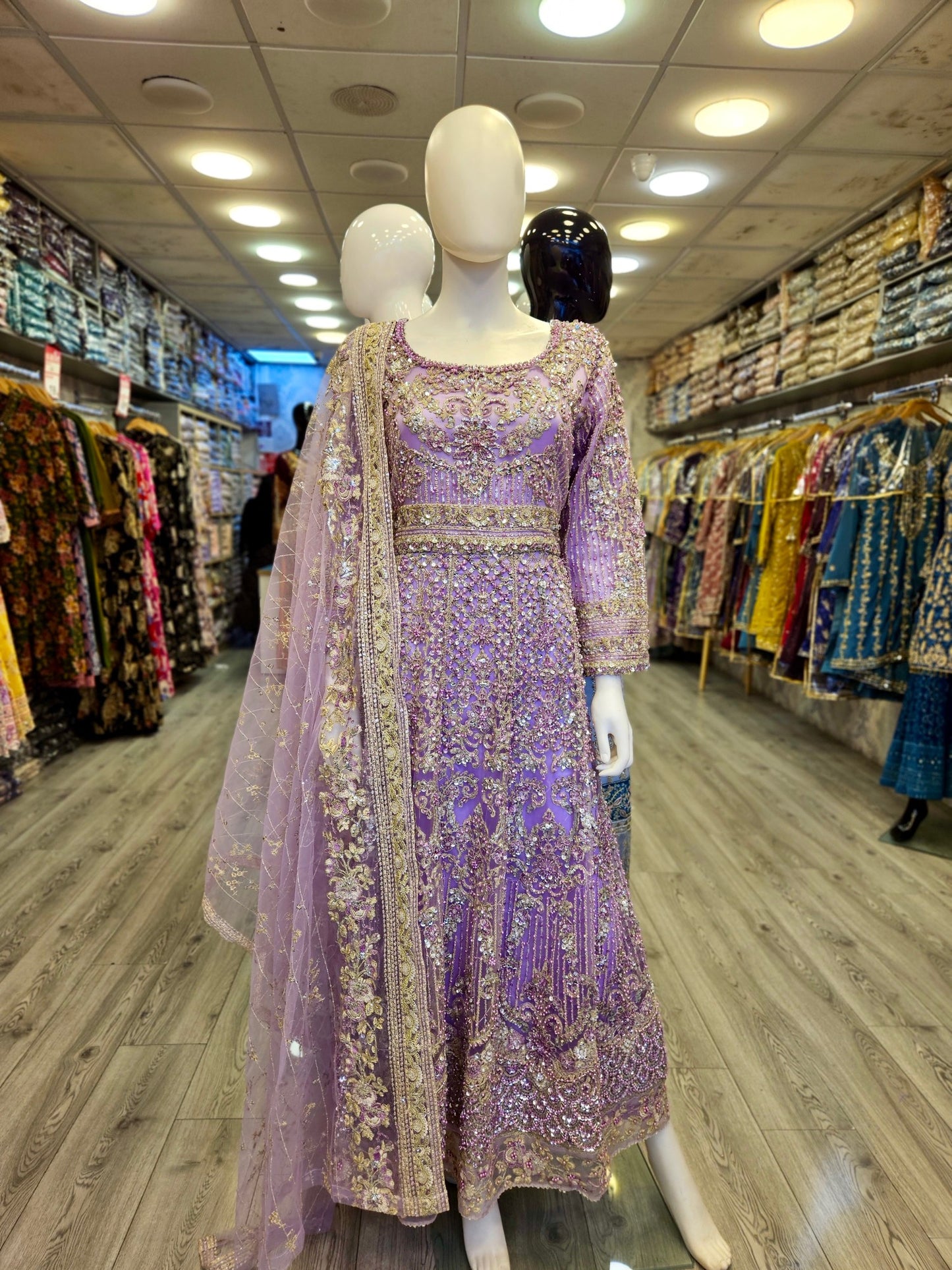 HSY Lavender Purple Pearl & Stone Hand‑Embellished Maxi Dress