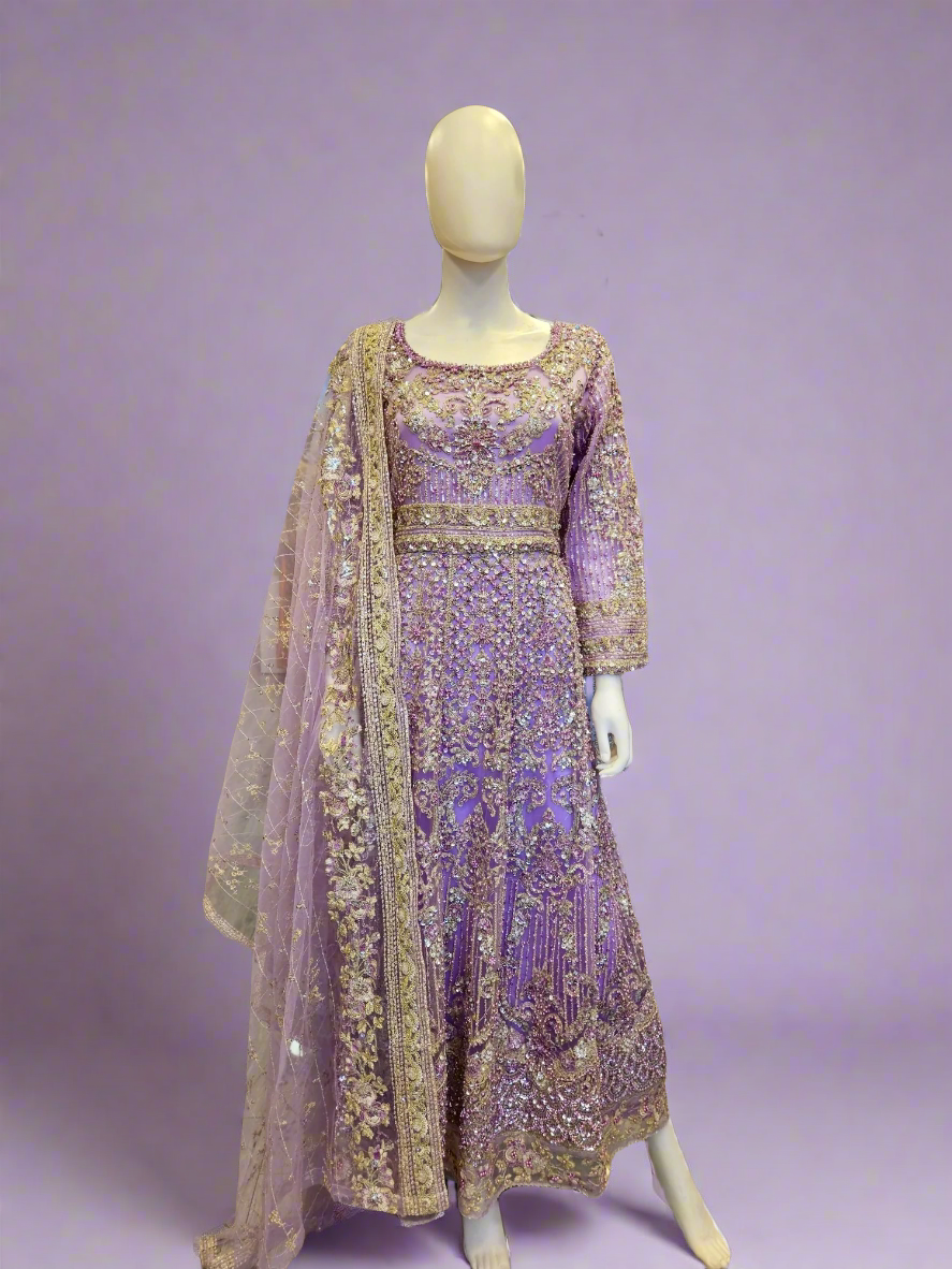 HSY Lavender Purple Pearl & Stone Hand‑Embellished Maxi Dress
