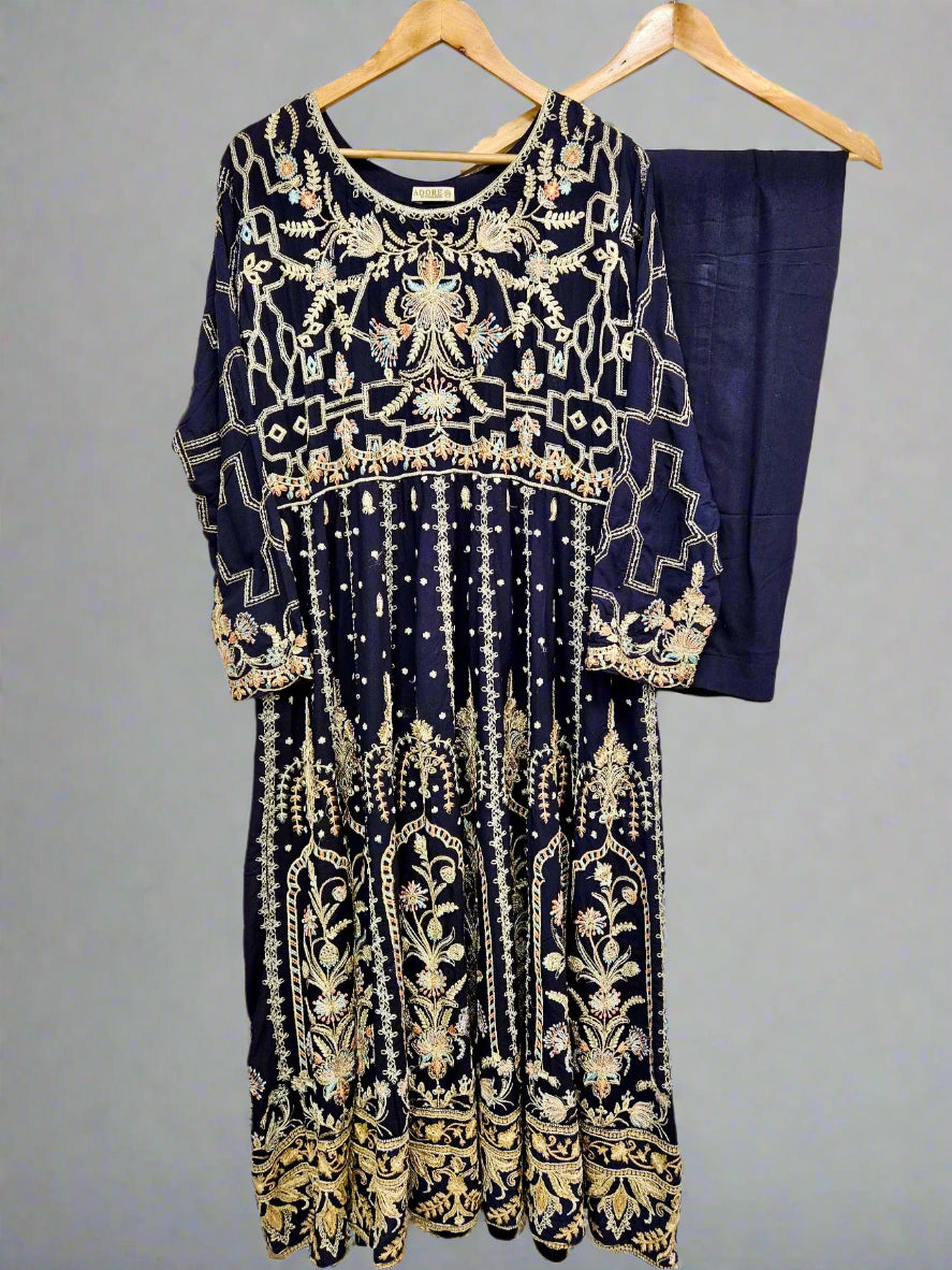 AD Navy Blue & Gold Thread‑Embroidered Long Dress 2 Piece