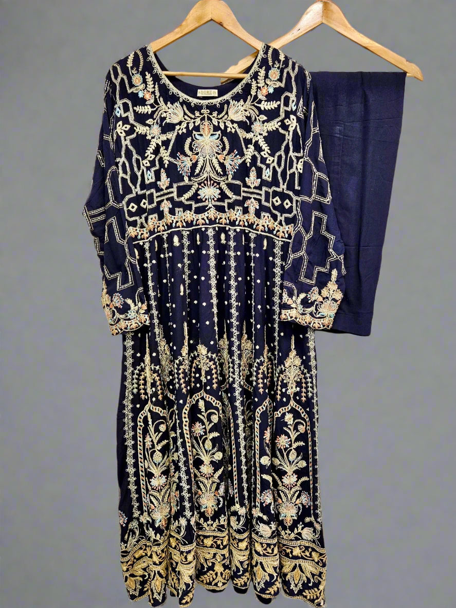 AD Navy Blue & Gold Thread‑Embroidered Long Dress 2 Piece