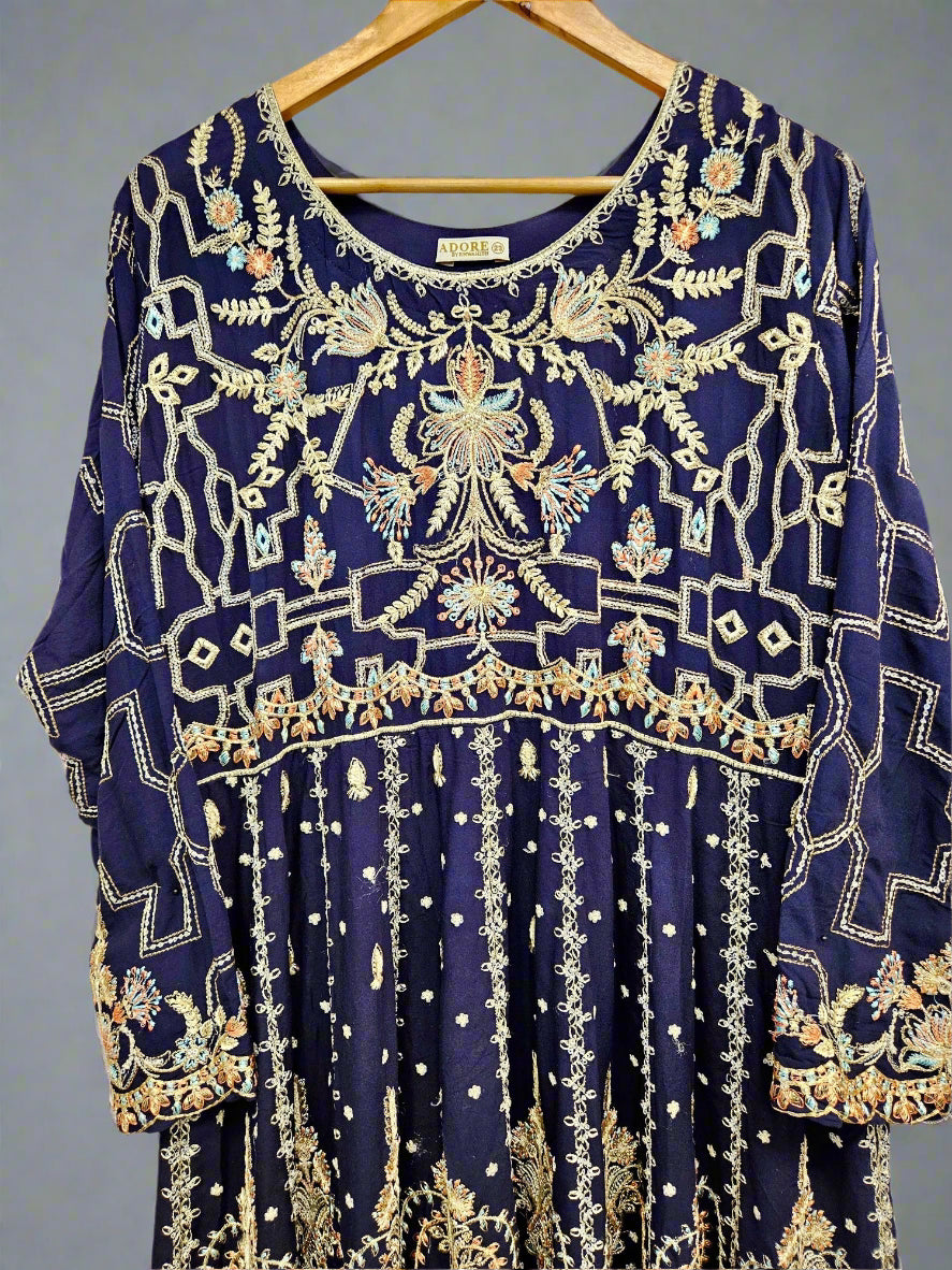AD Navy Blue & Gold Thread‑Embroidered Long Dress 2 Piece