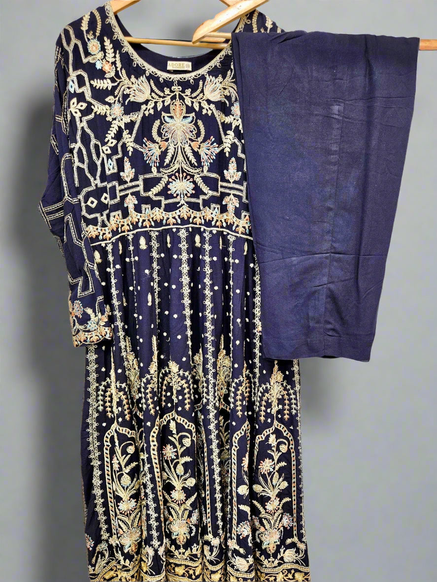 AD Navy Blue & Gold Thread‑Embroidered Long Dress 2 Piece
