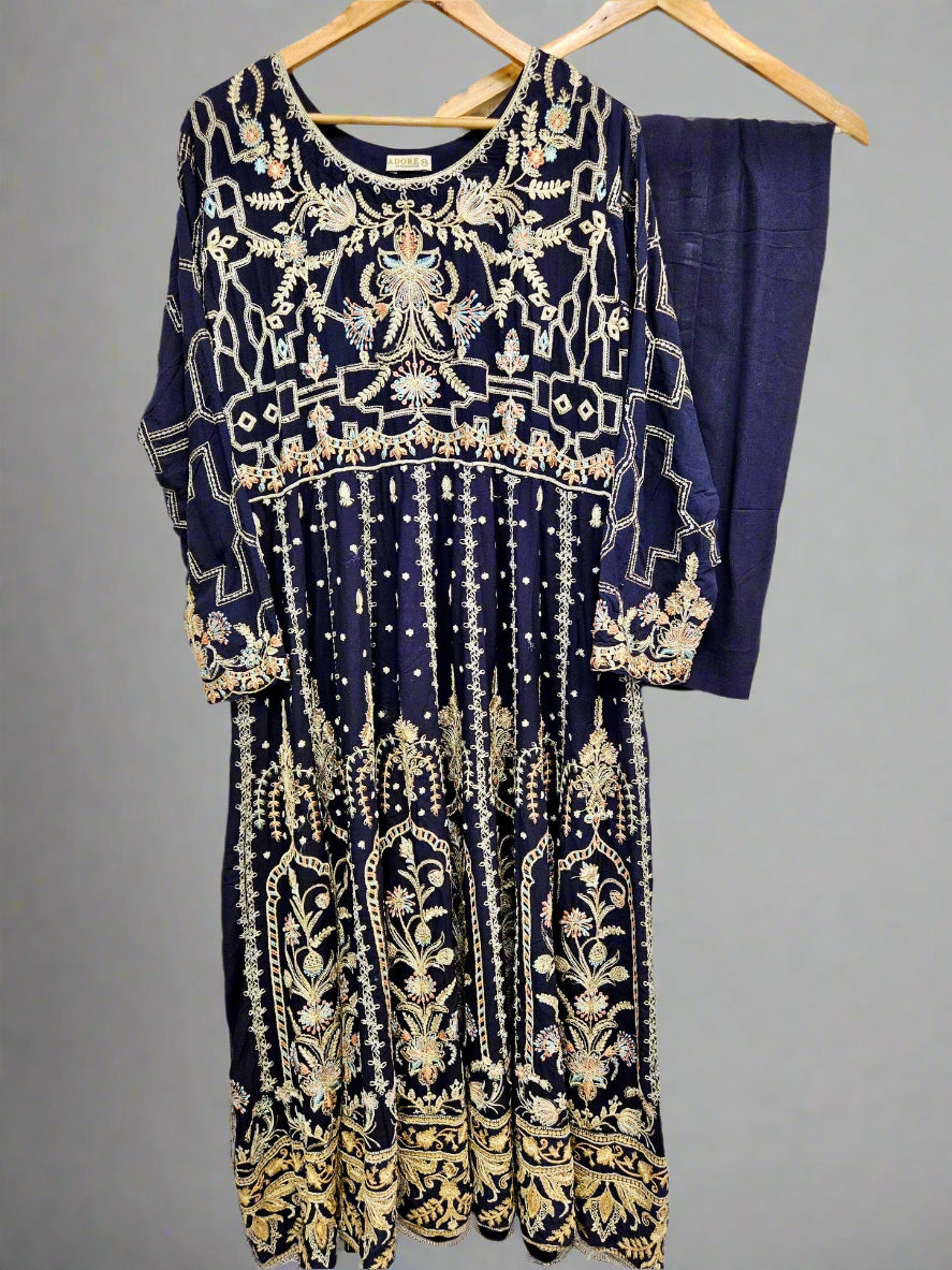 AD Navy Blue & Gold Thread‑Embroidered Long Dress 2 Piece