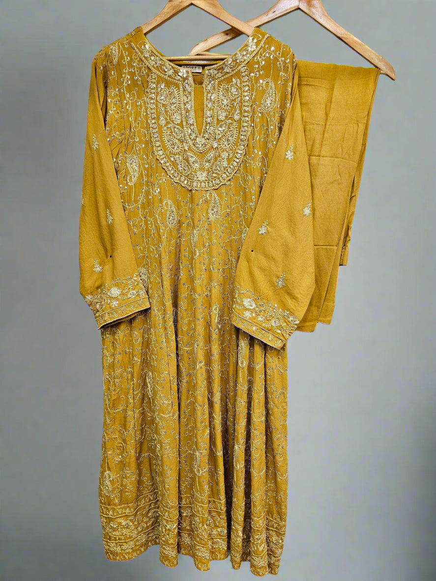 AD Honey Yellow & Silver Hand‑Embellished Thread‑Embroidered Long Dress 2‑Piece