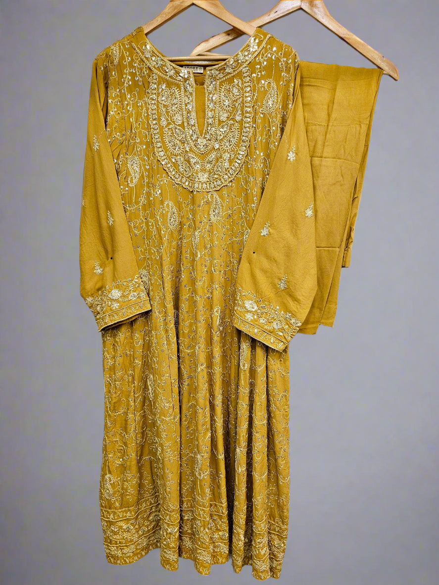 AD Honey Yellow & Silver Hand‑Embellished Thread‑Embroidered Long Dress 2‑Piece
