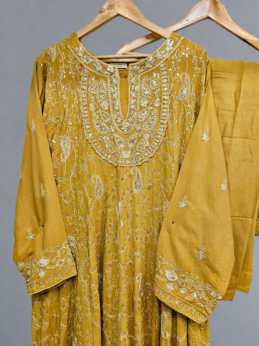 AD Honey Yellow & Silver Hand‑Embellished Thread‑Embroidered Long Dress 2‑Piece