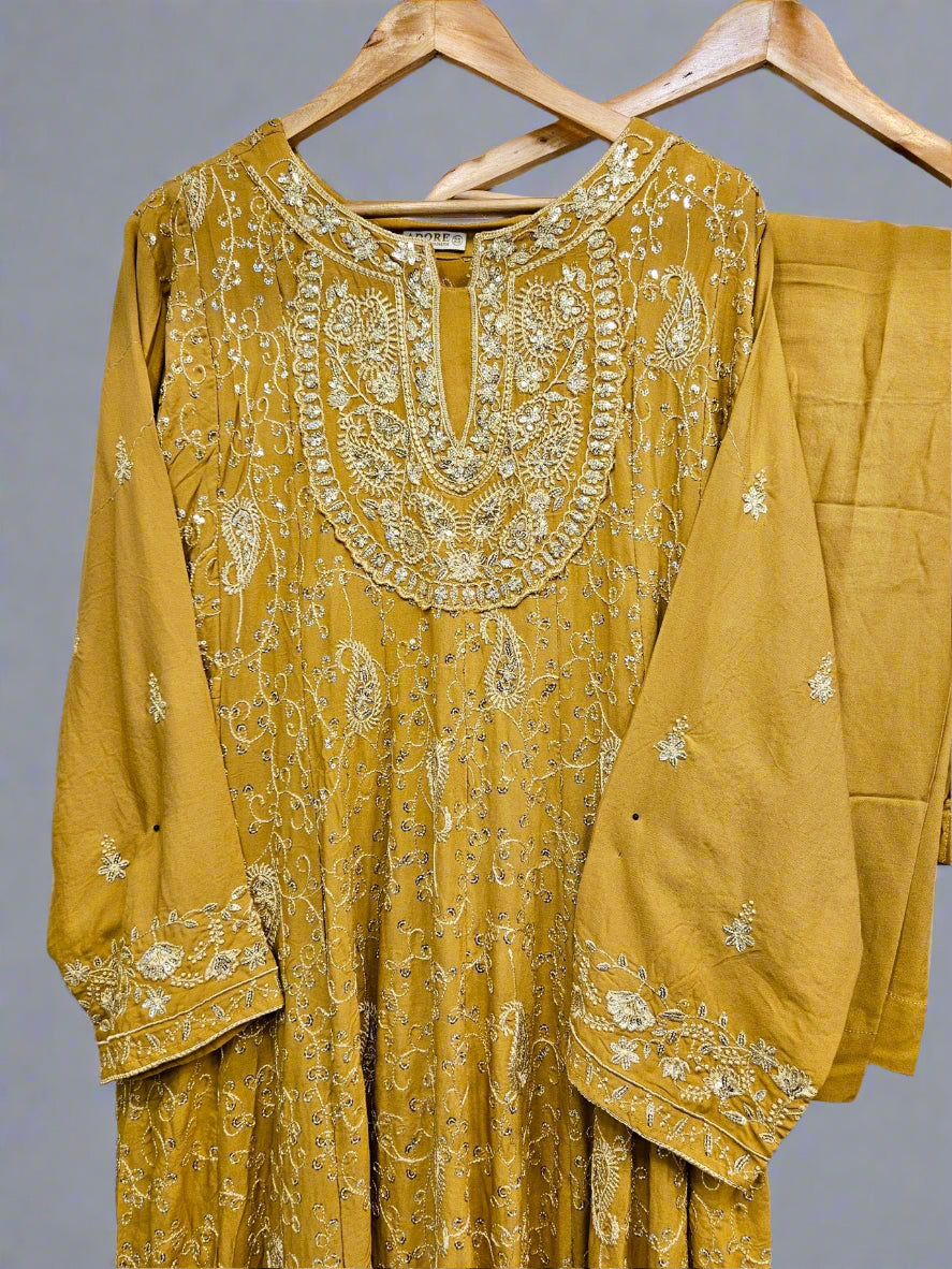 AD Honey Yellow & Silver Hand‑Embellished Thread‑Embroidered Long Dress 2‑Piece