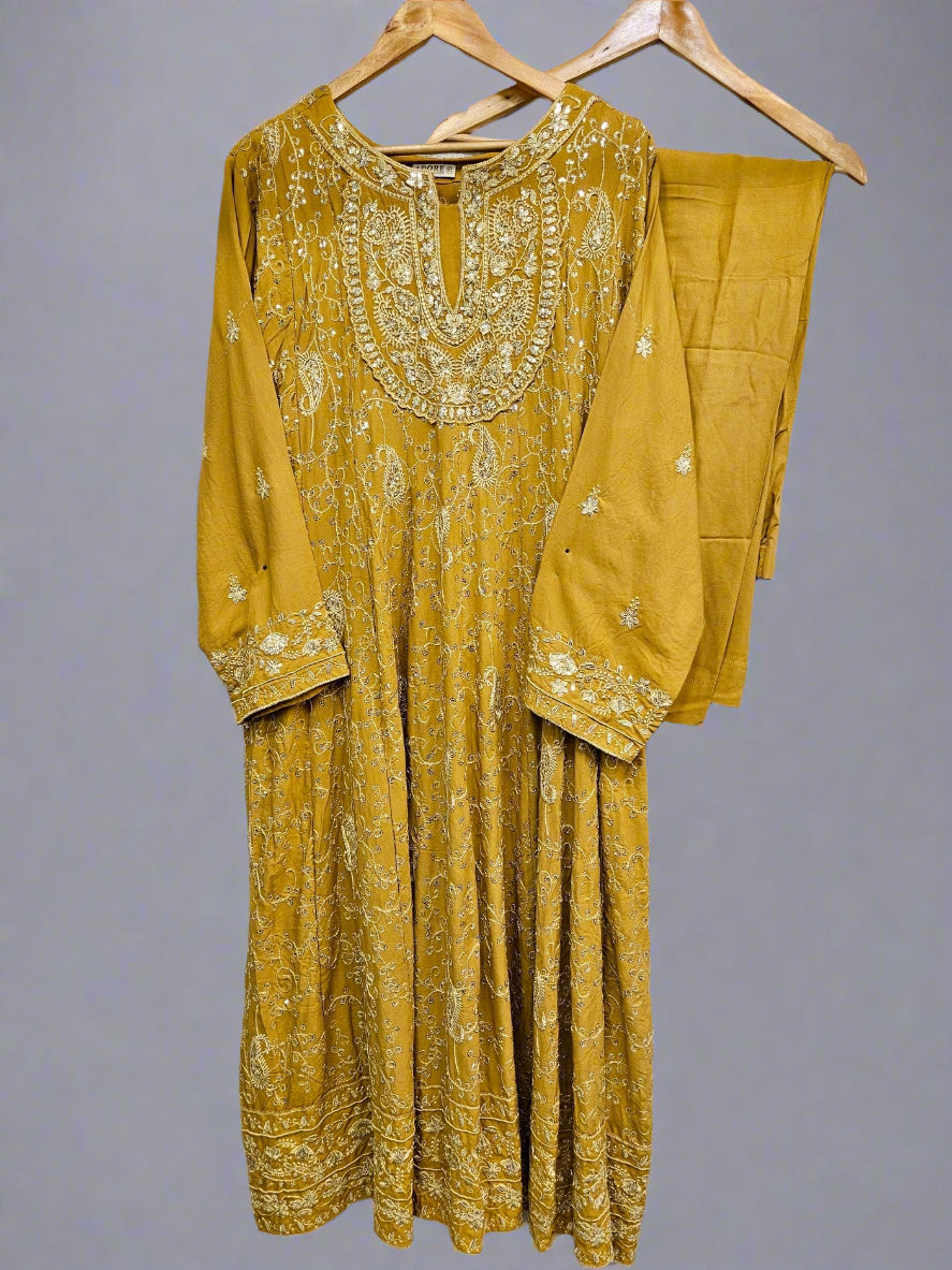 AD Honey Yellow & Silver Hand‑Embellished Thread‑Embroidered Long Dress 2‑Piece