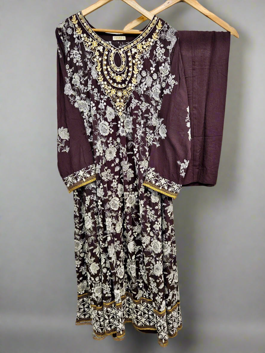 AD Coffee Brown & Silver Hand‑Embellished Thread‑Embroidered Long Dress 2 Piece