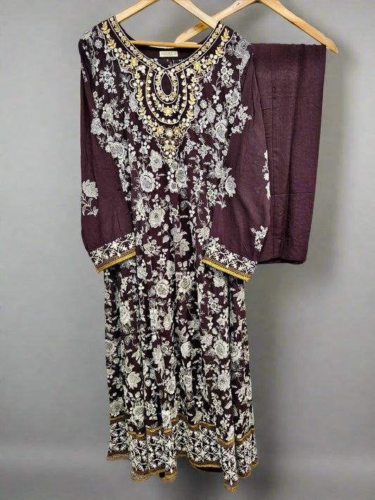 AD Coffee Brown & Silver Hand‑Embellished Thread‑Embroidered Long Dress 2 Piece