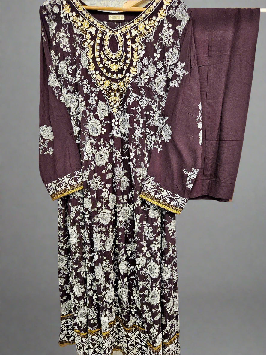 AD Coffee Brown & Silver Hand‑Embellished Thread‑Embroidered Long Dress 2 Piece