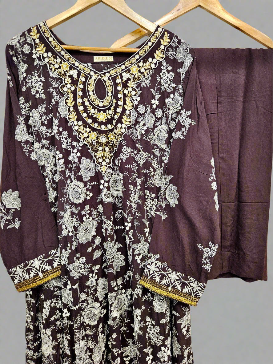 AD Coffee Brown & Silver Hand‑Embellished Thread‑Embroidered Long Dress 2 Piece