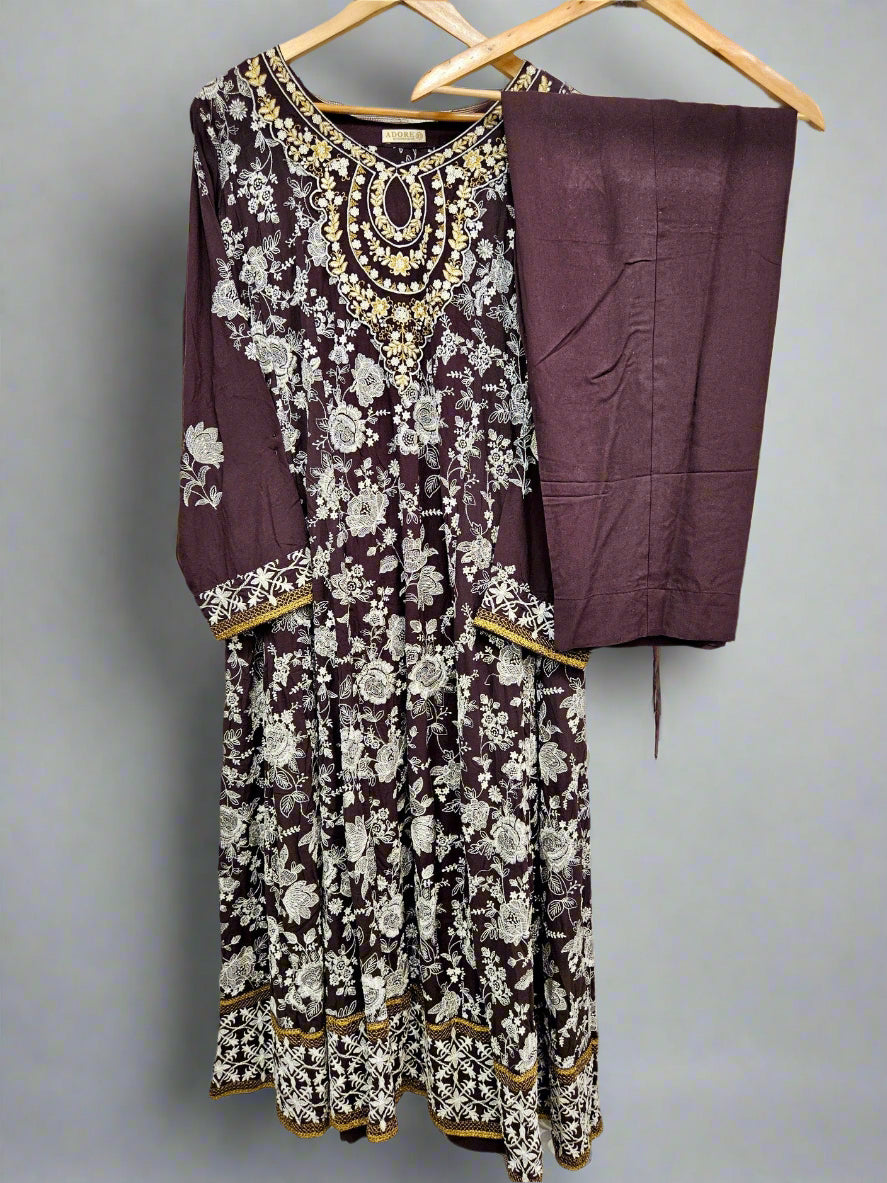 AD Coffee Brown & Silver Hand‑Embellished Thread‑Embroidered Long Dress 2 Piece