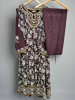 AD Coffee Brown & Silver Hand‑Embellished Thread‑Embroidered Long Dress 2 Piece