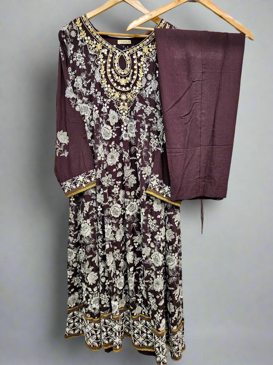 AD Coffee Brown & Silver Hand‑Embellished Thread‑Embroidered Long Dress 2 Piece