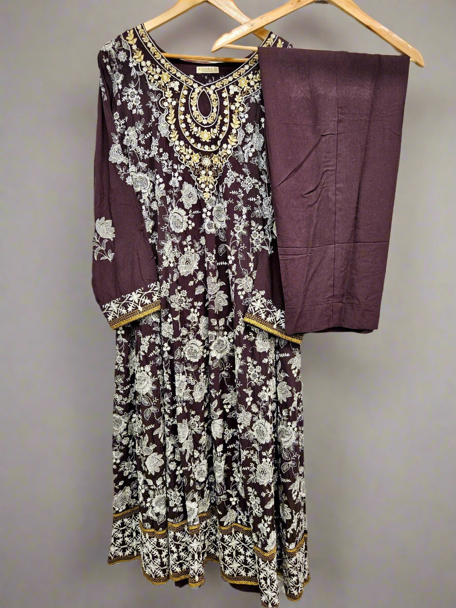 AD Coffee Brown & Silver Hand‑Embellished Thread‑Embroidered Long Dress 2 Piece
