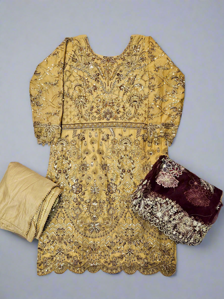 ZC dark beige and plum hand embellished chiffon gharara suit