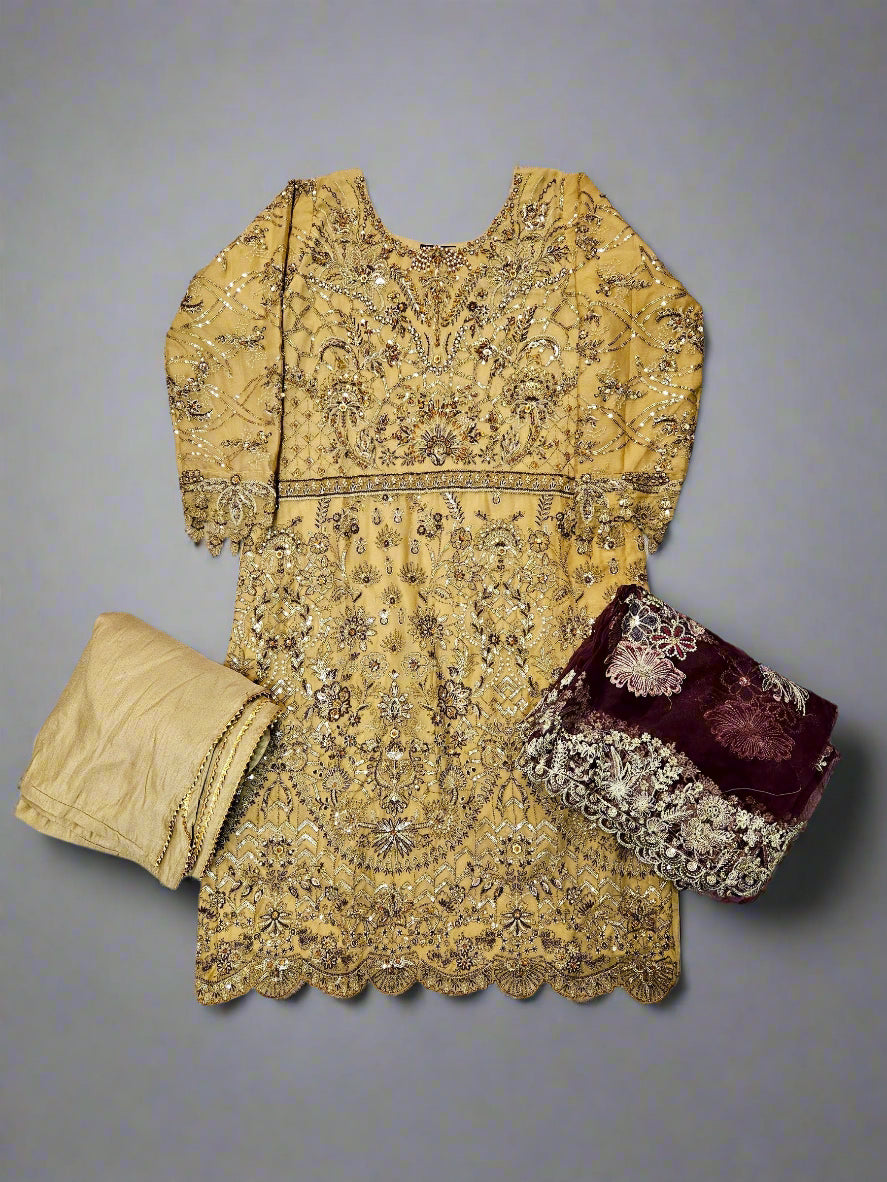 ZC dark beige and plum hand embellished chiffon gharara suit