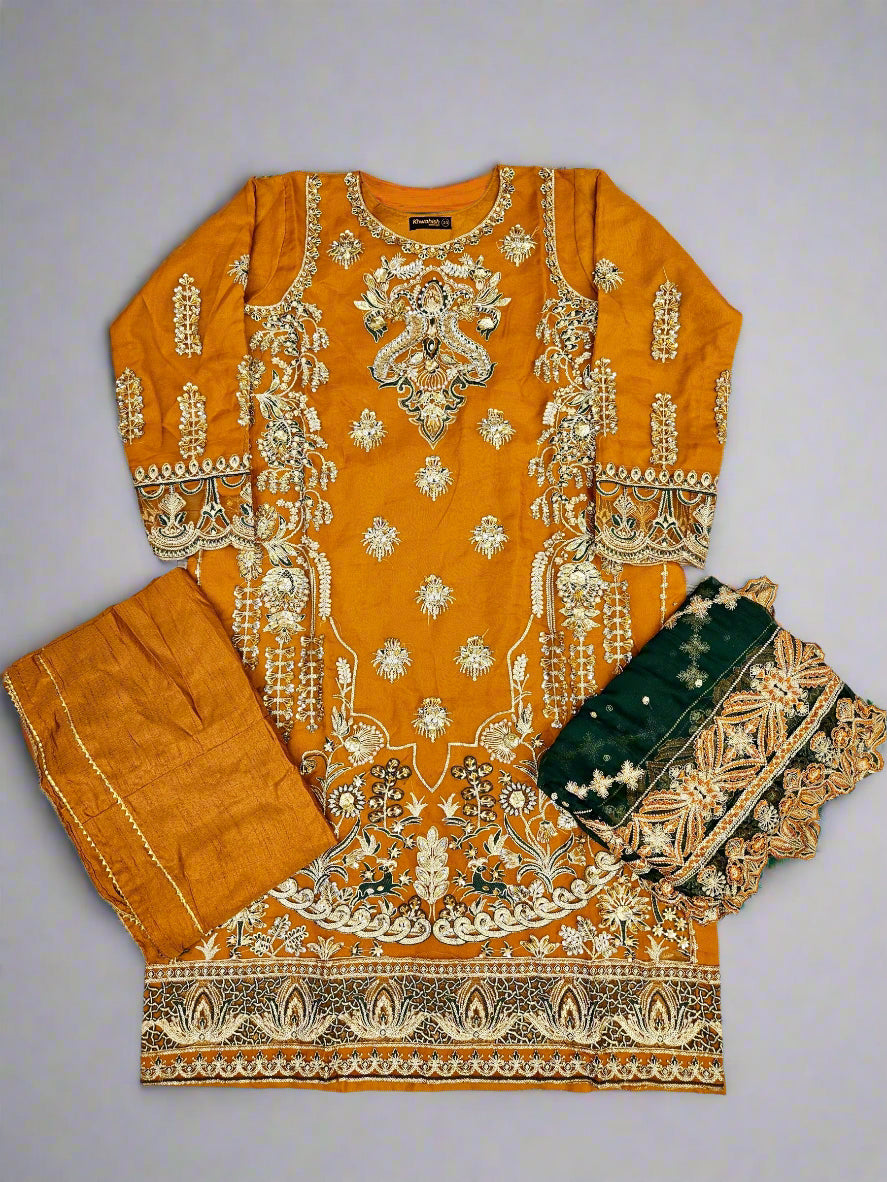 MNR pumpkin orange colour hand embellished organza sharara suit