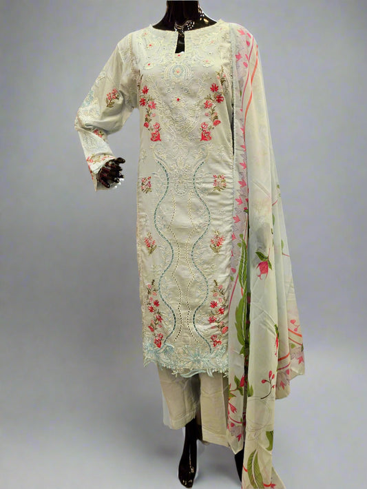 QMR ice blue and red pink colour laser cut embroidery cotton shalwar kameez