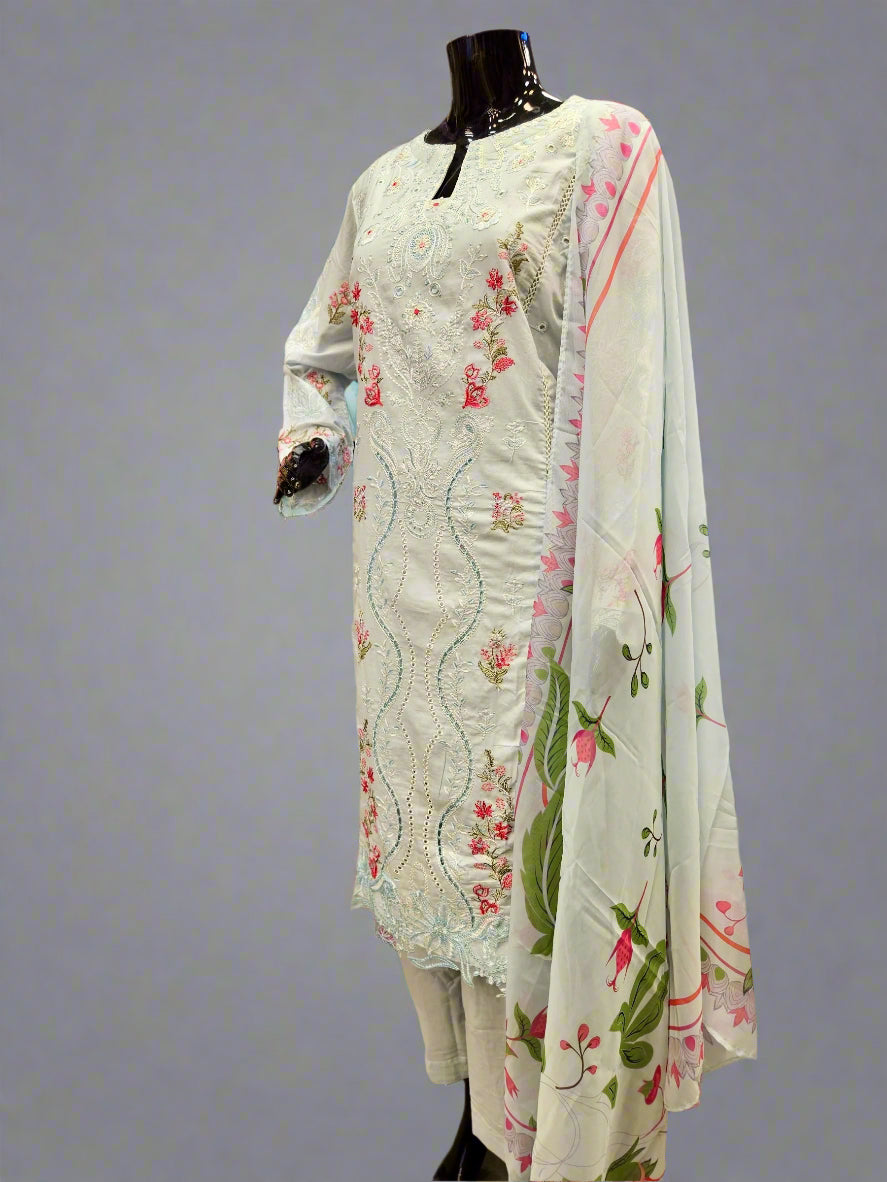 QMR ice blue and red pink colour laser cut embroidery cotton shalwar kameez