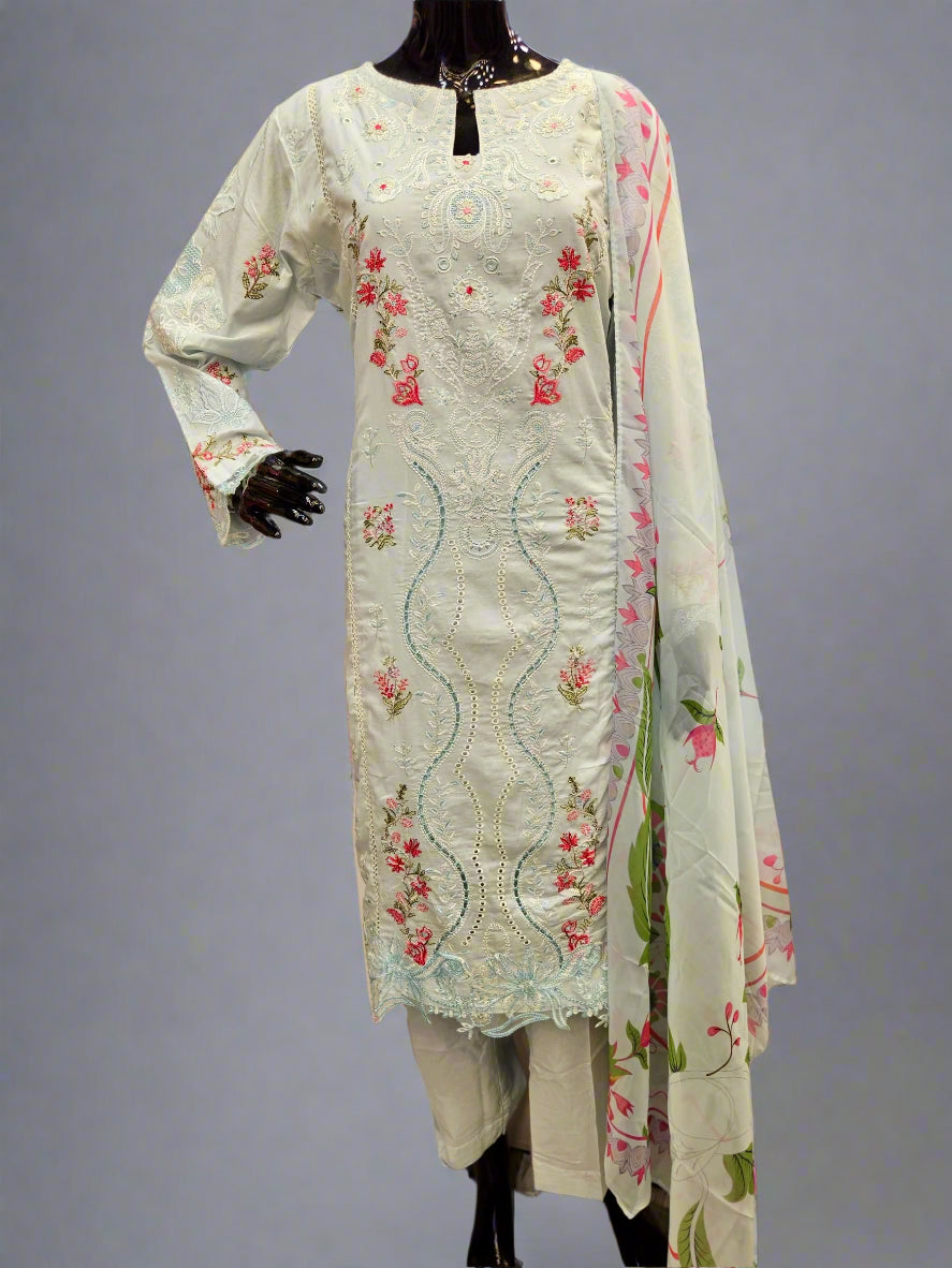 QMR ice blue and red pink colour laser cut embroidery cotton shalwar kameez