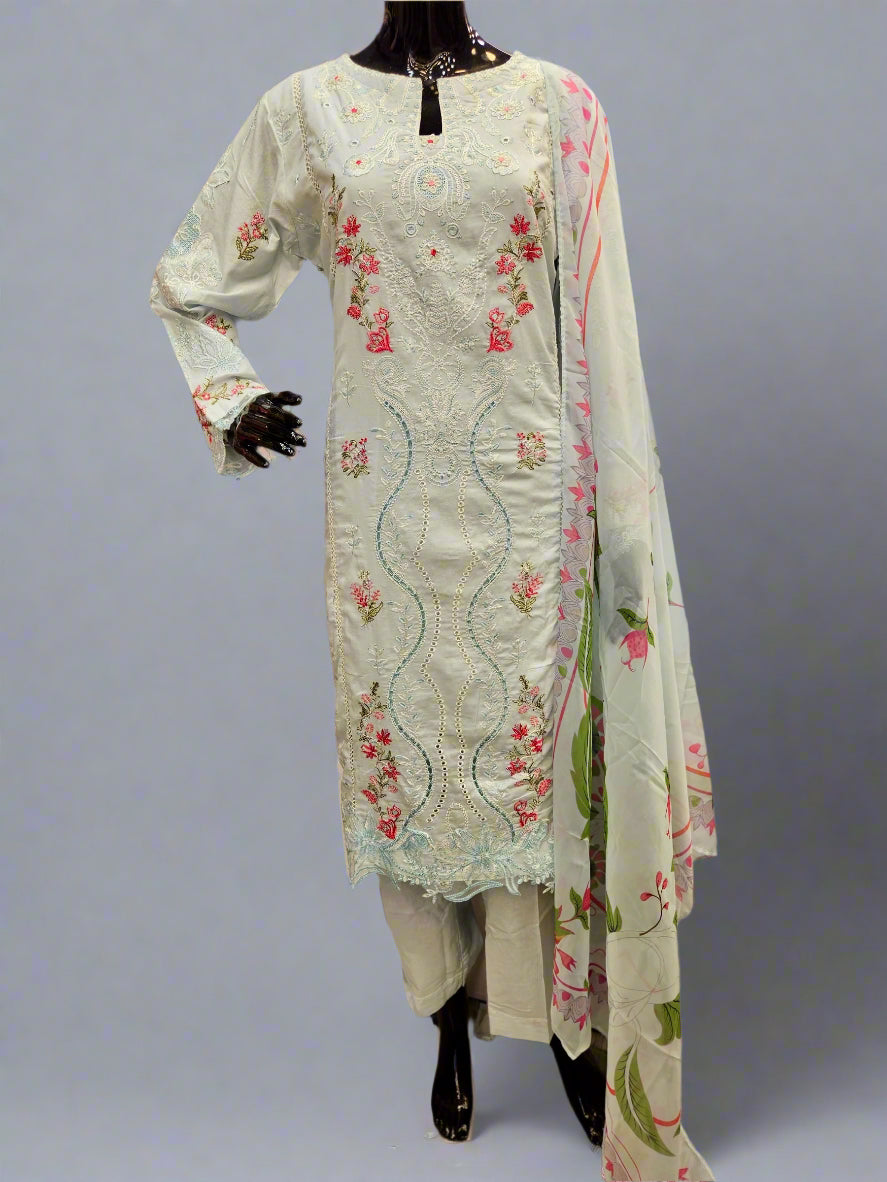 QMR ice blue and red pink colour laser cut embroidery cotton shalwar kameez