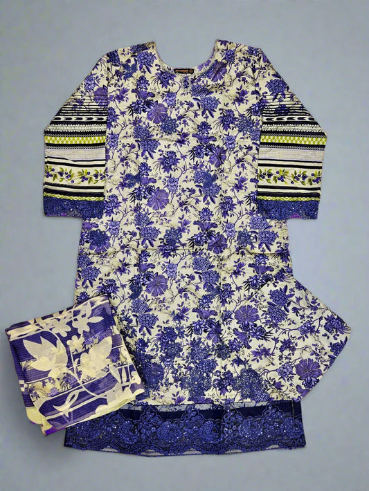 MB white and French violet colour floral print cotton shalwar kameez