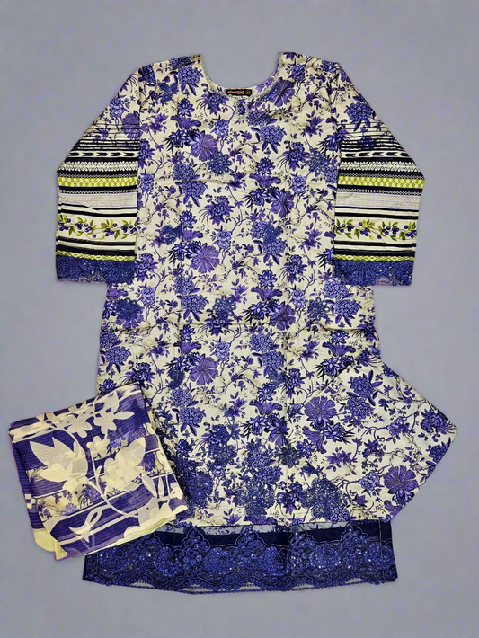 MB white and French violet colour floral print cotton shalwar kameez