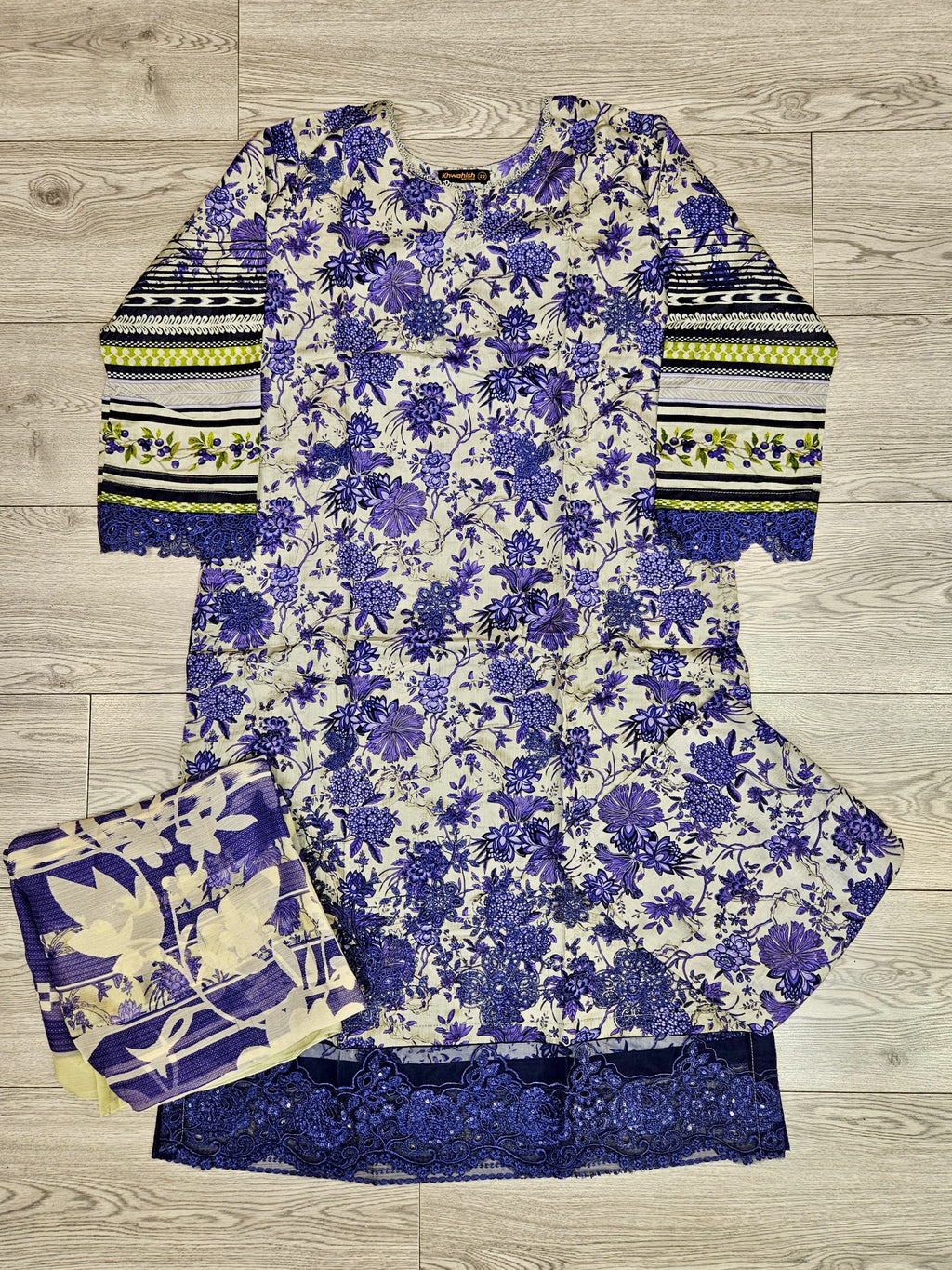 MB white and French violet colour floral print cotton shalwar kameez
