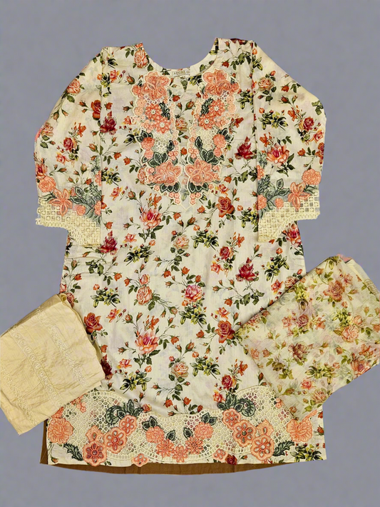 MB white and peach colour floral print cotton shalwar kameez