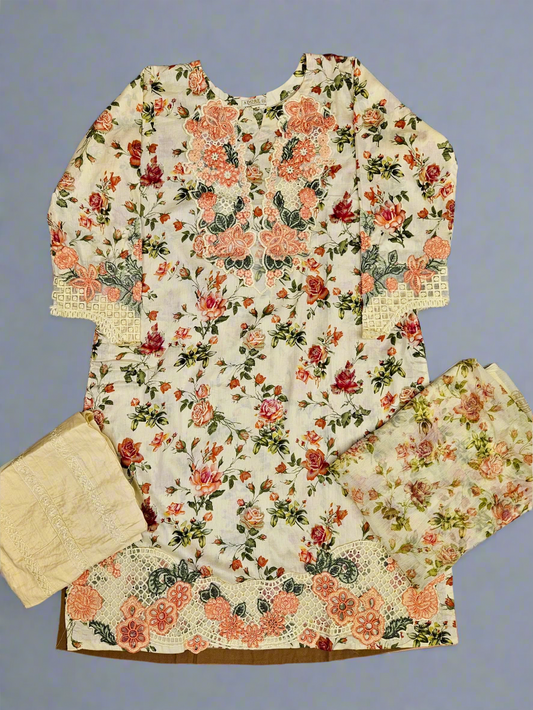 MB white and peach colour floral print cotton shalwar kameez