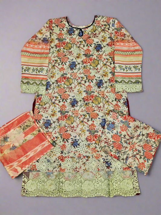 ELF white and candy apple red colour floral print cotton shalwar kameez