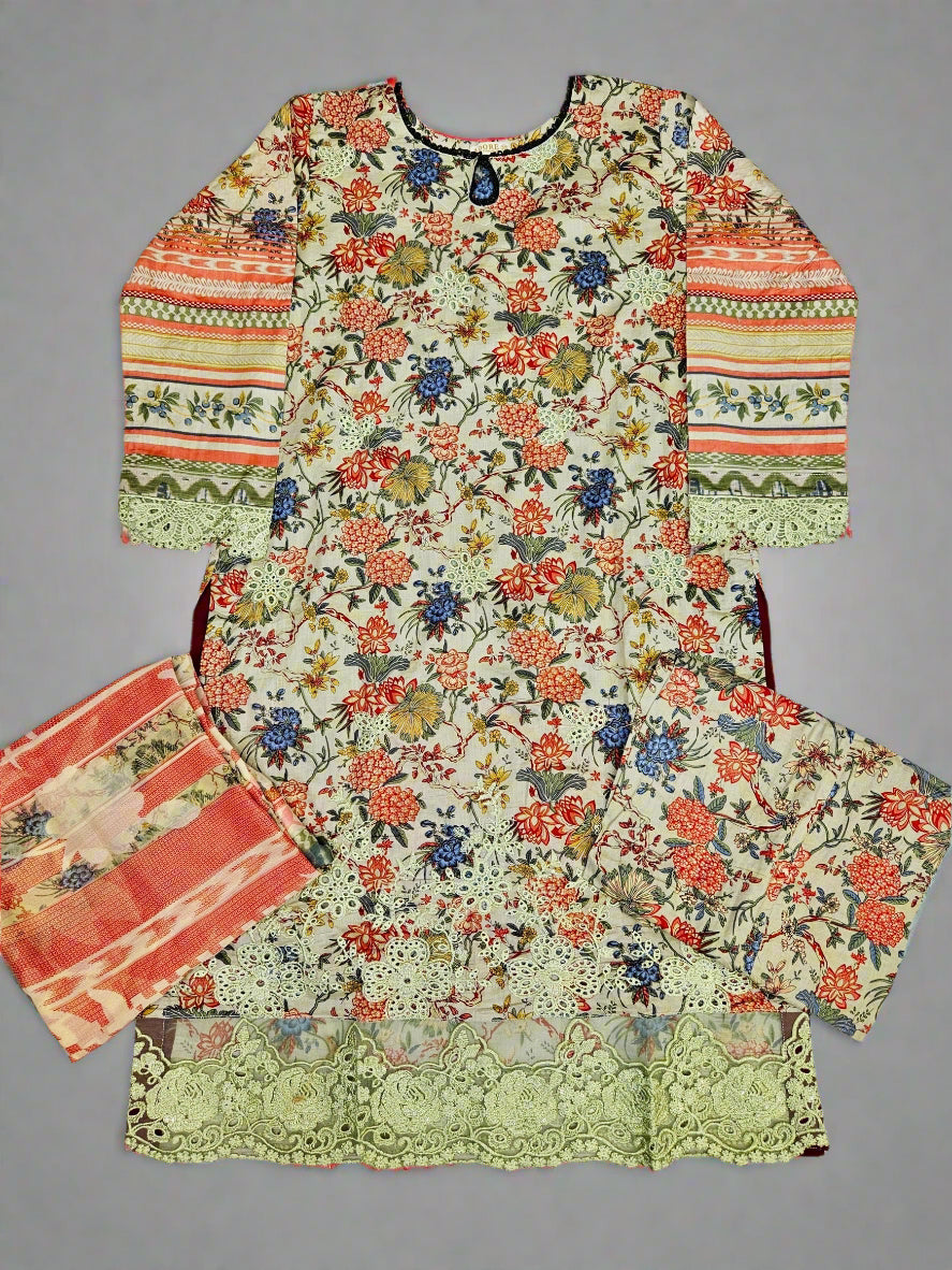 ELF white and candy apple red colour floral print cotton shalwar kameez