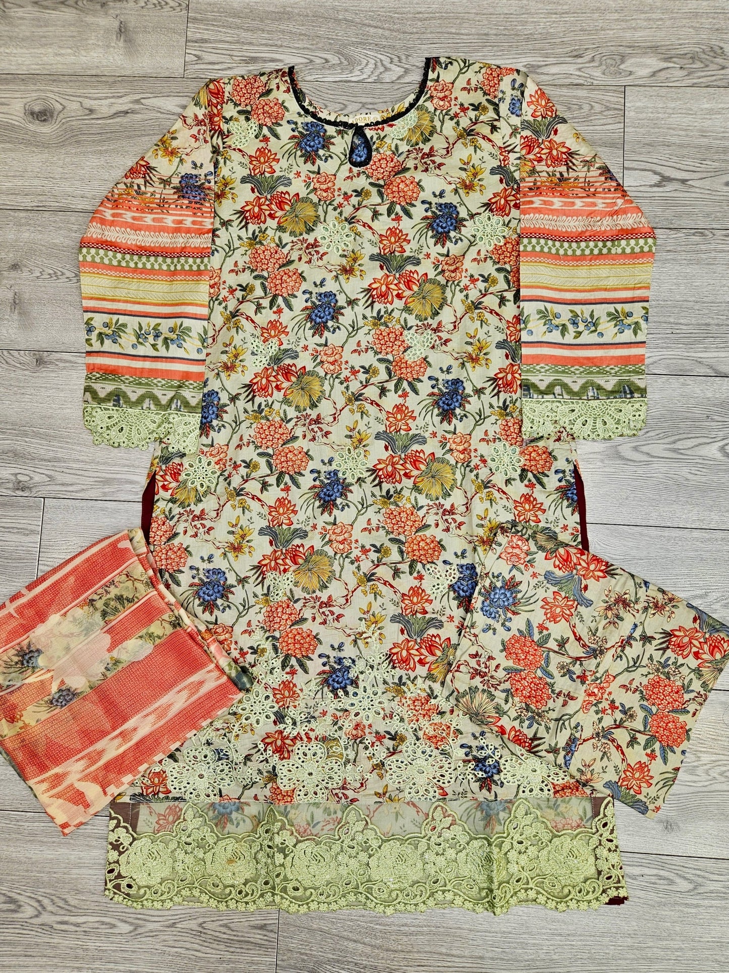 ELF white and candy apple red colour floral print cotton shalwar kameez