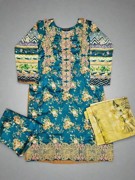 MB teal green and bumblebee colour floral print cotton shalwar kameez