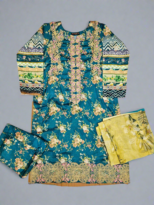 MB teal green and bumblebee colour floral print cotton shalwar kameez