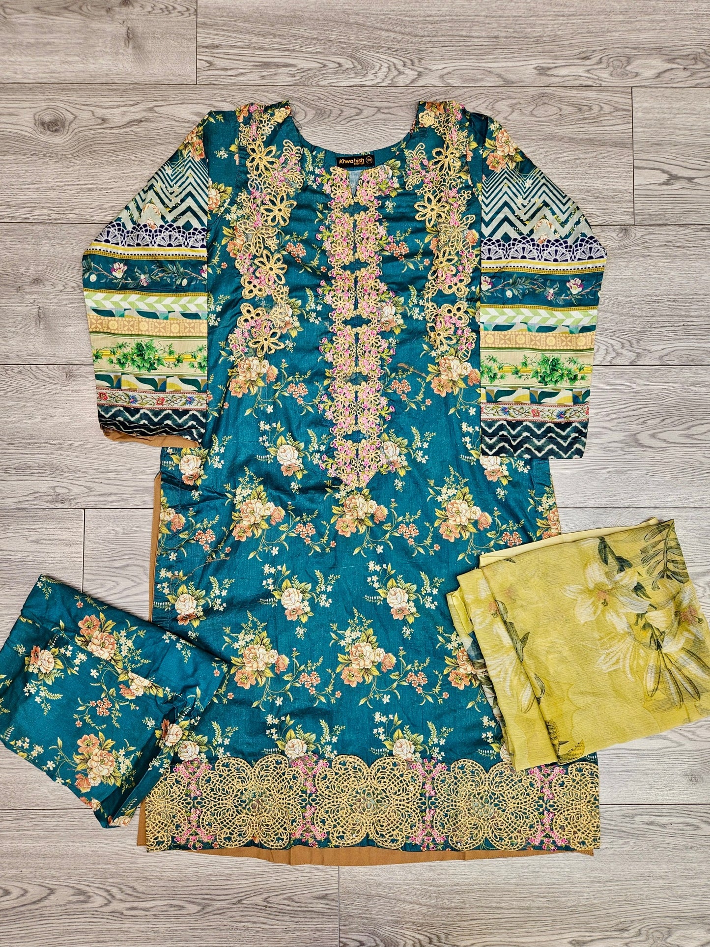 MB teal green and bumblebee colour floral print cotton shalwar kameez
