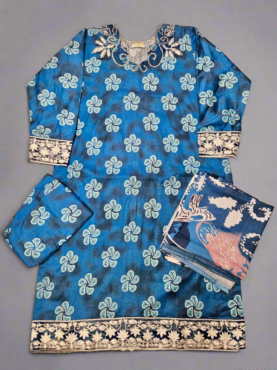 IZK cobalt blue floral print cotton shalwar kameez