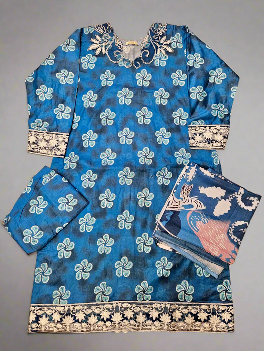 IZK cobalt blue floral print cotton shalwar kameez