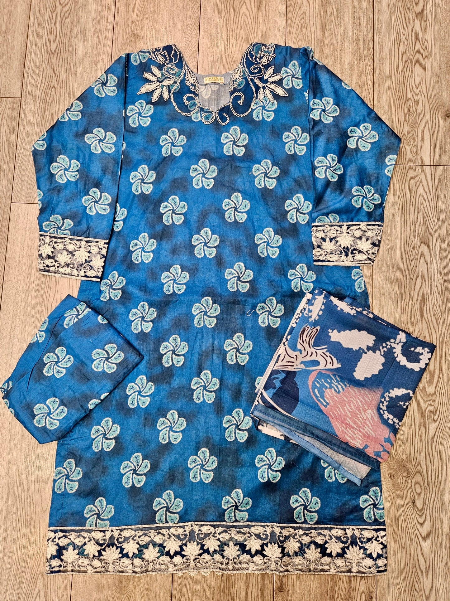 IZK cobalt blue floral print cotton shalwar kameez