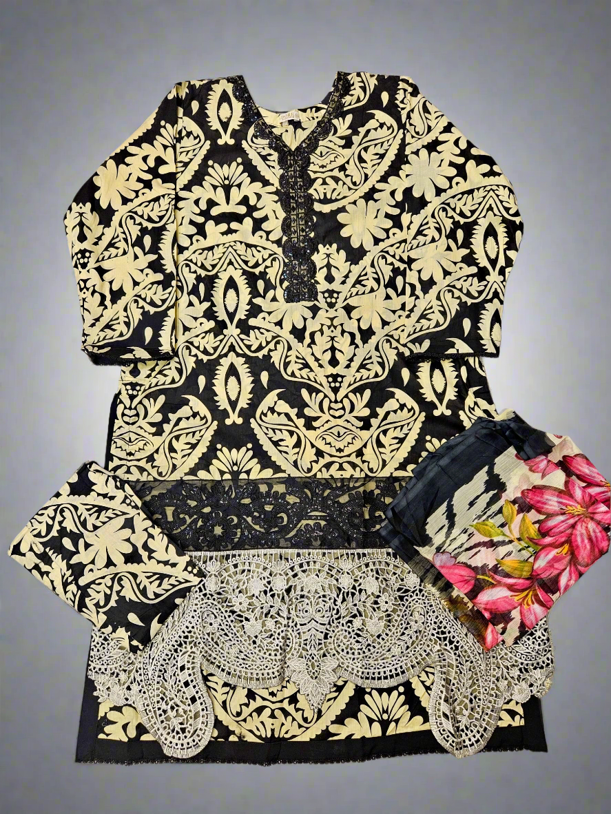 MB black and pale canary yellow colour floral print cotton shalwar kameez