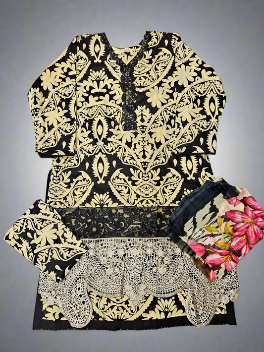 MB black and pale canary yellow colour floral print cotton shalwar kameez