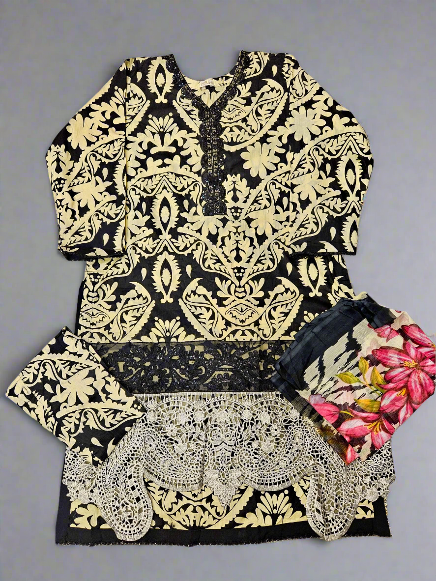 MB black and pale canary yellow colour floral print cotton shalwar kameez