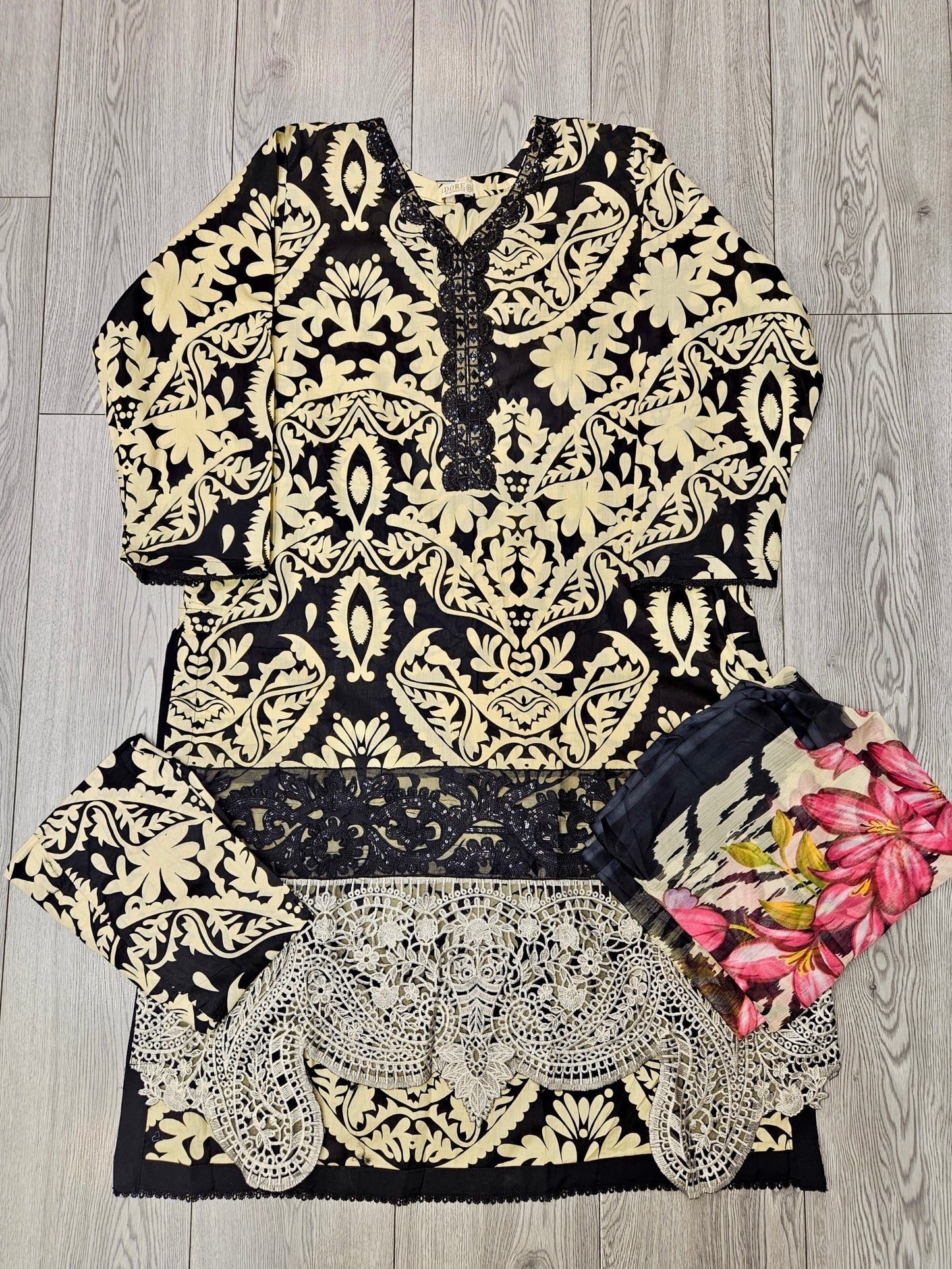 MB black and pale canary yellow colour floral print cotton shalwar kameez
