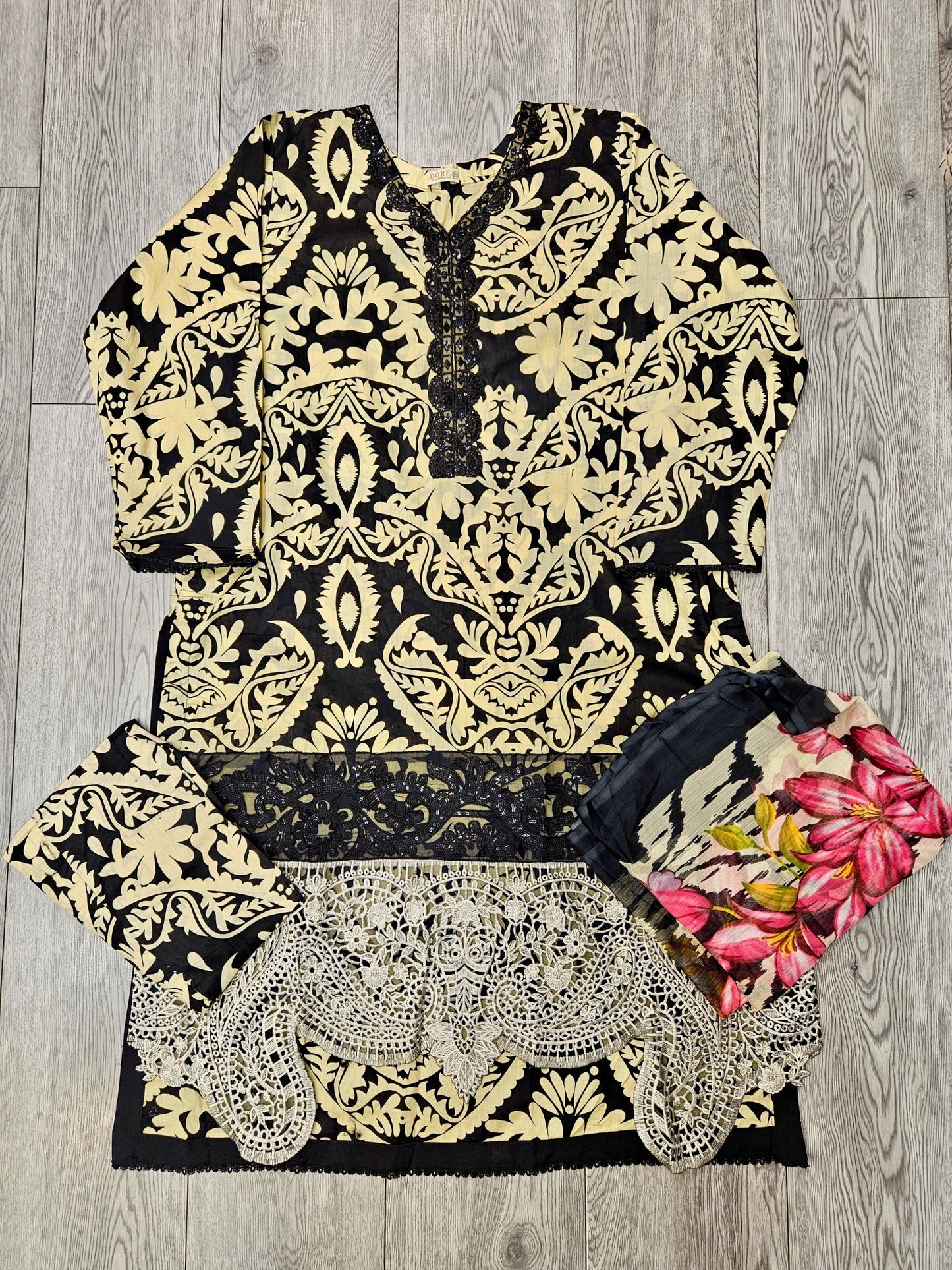 MB black and pale canary yellow colour floral print cotton shalwar kameez